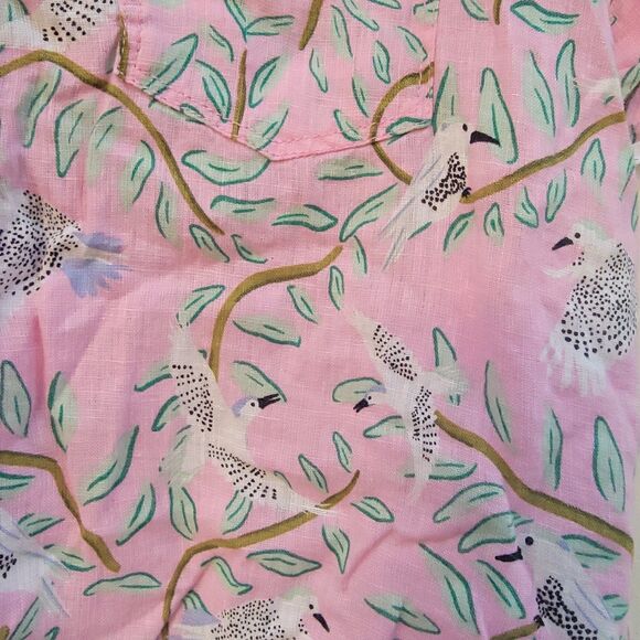 Cynthia Rowley linen bird print button Up top Wmns Sz Large Blouse Coastal Boxy - Picture 2 of 4